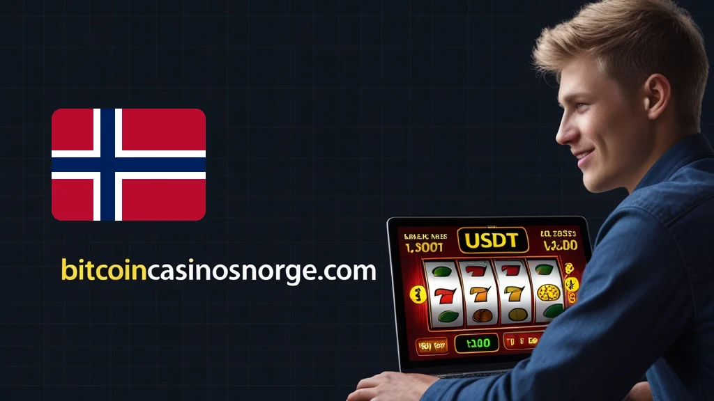 A player at a laptop, a classic slot on the screen and the amount shown in USDT