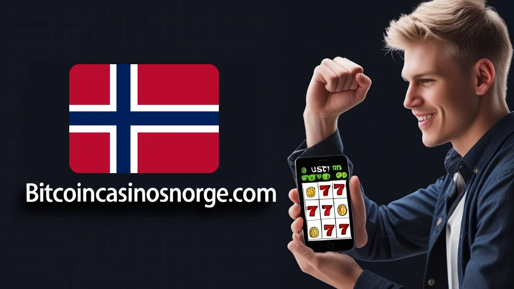 Spiller med en mobil i hånden, et klassisk spilleautomatbilde på skjermen og beløpet oppgitt i USDT
